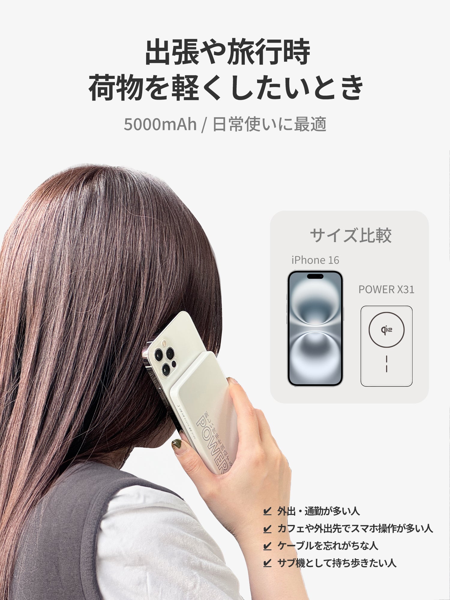 POWER X31】Qi2認証・MagSafe対応モバイルバッテリー 5000mAh 超軽量